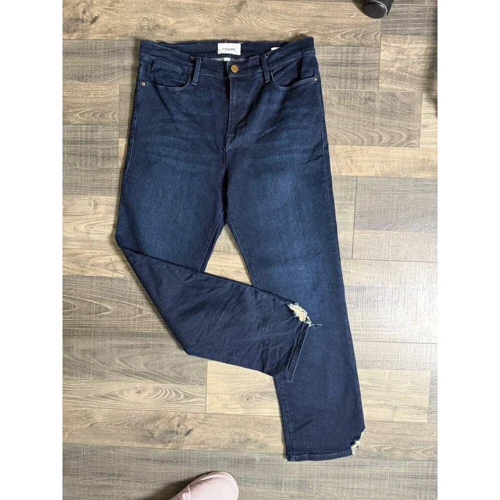 Frame Le High Straight Jeans Womens Porter Chew Dark Blue Distressed Hem 31